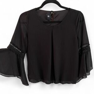 Iz Byer black bell‎ sleeve sheer lace overlay blouse shirt top womens size M
